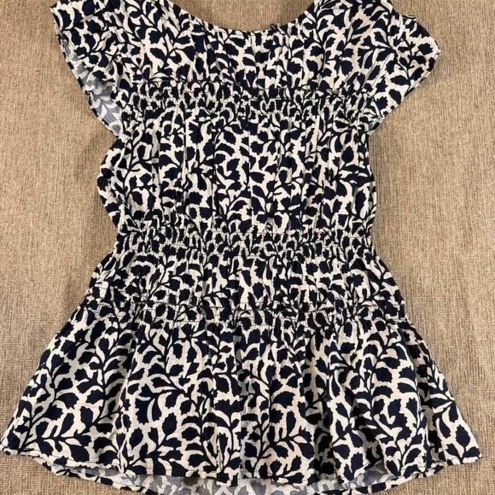Time and Tru Navy Blue White Leaf Smocked Peplum Blouse Top S 4-6